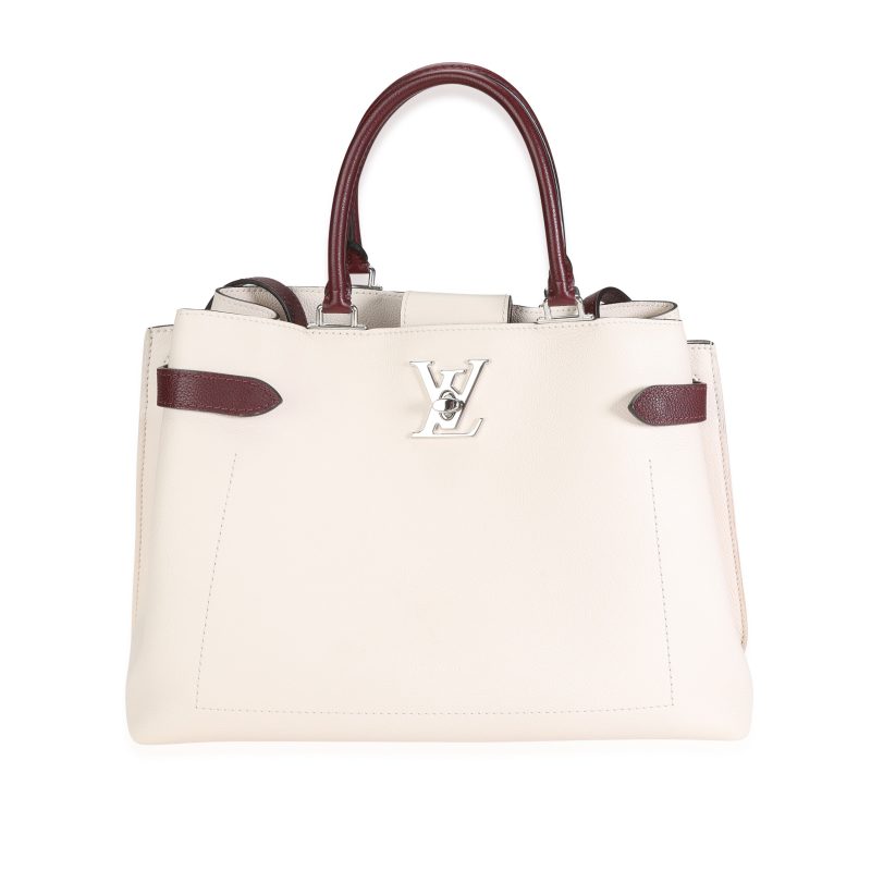LOUIS VUITTON Cream & Burgundy Grained Calf Leather Lockme Day Bag - Logoexplore