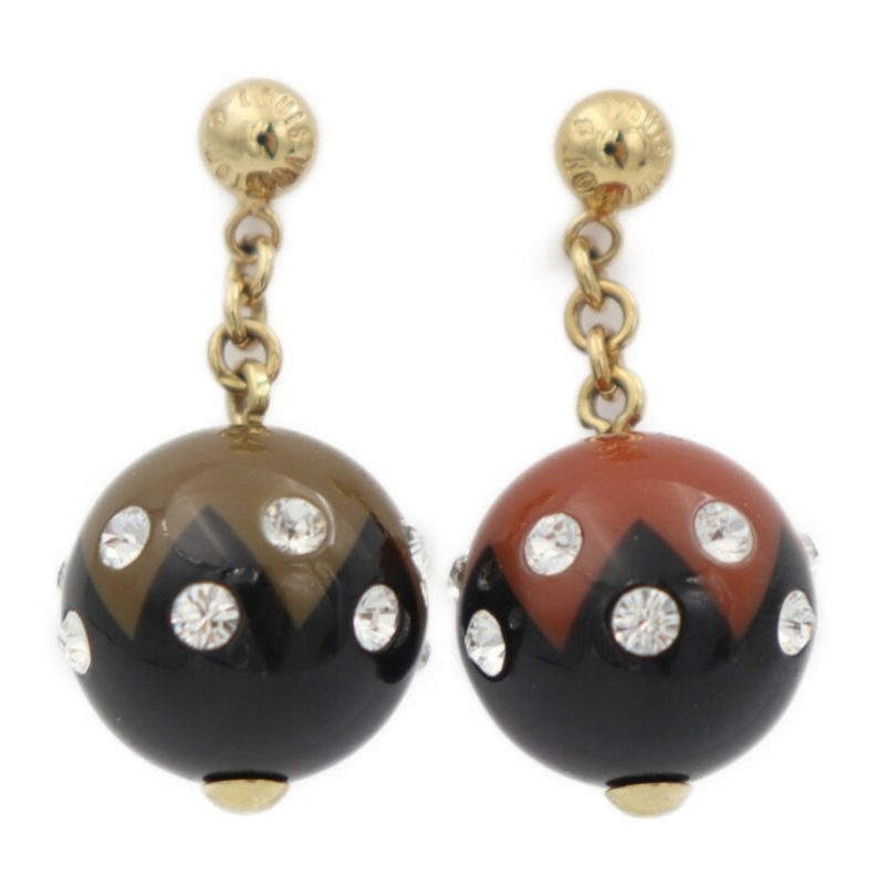 Louis Vuitton Book de Reil Magnetic Earrings M66397 Resin Rhinestone Black Khaki Brick Color Gold Hardware Round - Logoexplore