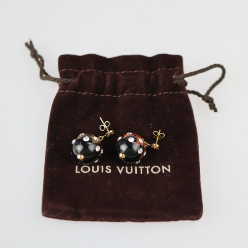 Louis Vuitton Book de Reil Magnetic Earrings M66397 Resin Rhinestone Black Khaki Brick Color Gold Hardware Round - Logoexplore - Image 8