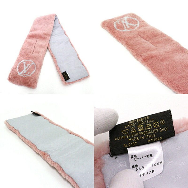 LOUIS VUITTON Echarpe LV Stamp Tippet Muffler Fur M73023 Pink White Beaver Silk 100% - Logoexplore - Image 3