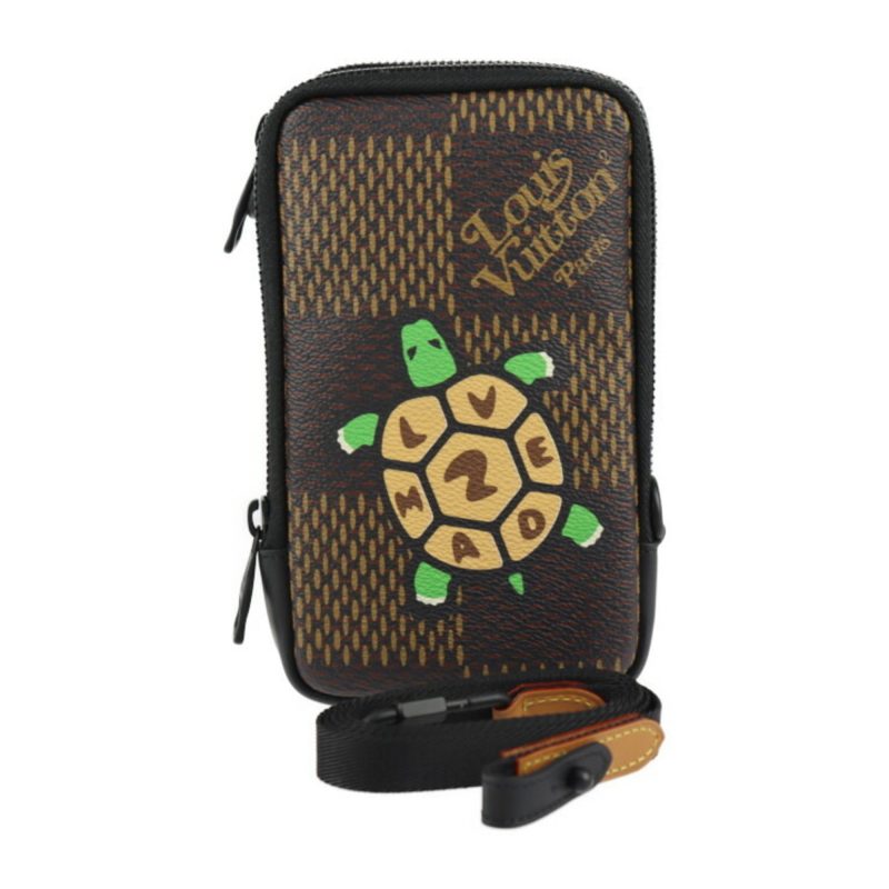LOUIS VUITTON Double Phone Pouch NIGO Collaboration Shoulder Bag N40377 Damier Giant/Calf Leather Ebene Multi Color Black Metal Fittings Pochette Case Tortoise - Logoexplore
