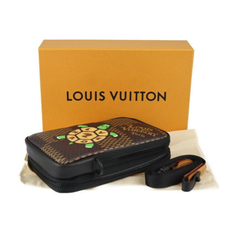 LOUIS VUITTON Double Phone Pouch NIGO Collaboration Shoulder Bag N40377 Damier Giant/Calf Leather Ebene Multi Color Black Metal Fittings Pochette Case Tortoise - Logoexplore - Image 10