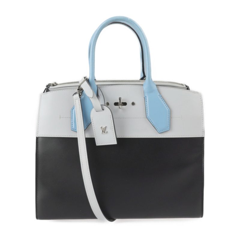 Louis Vuitton City Steamer MM Handbag M42435 Leather Black Gray Blue Silver Hardware 2WAY Shoulder Bag Tote - Logoexplore