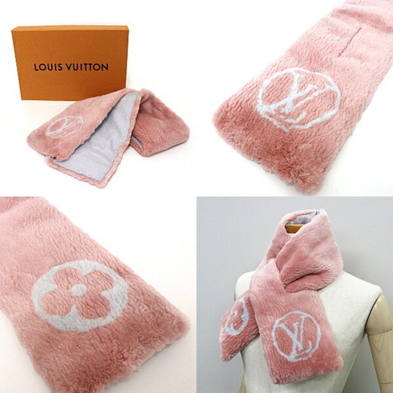 LOUIS VUITTON Echarpe LV Stamp Tippet Muffler Fur M73023 Pink White Beaver Silk 100% - Logoexplore - Image 2