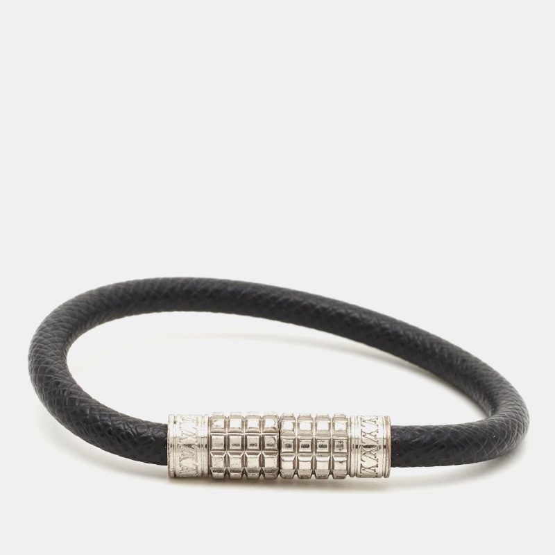 LOUIS VUITTON Digit Damier Ardoise Taiga Leather Silver Tone Bracelet - Logoexplore