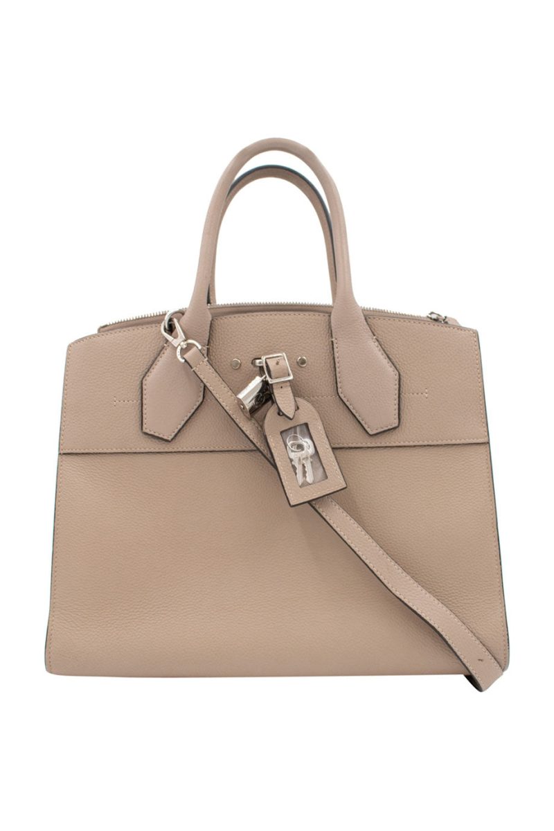 LOUIS VUITTON Galet grey grained leather ' City Steamer MM' handbag with detachable shoulder - Logoexplore